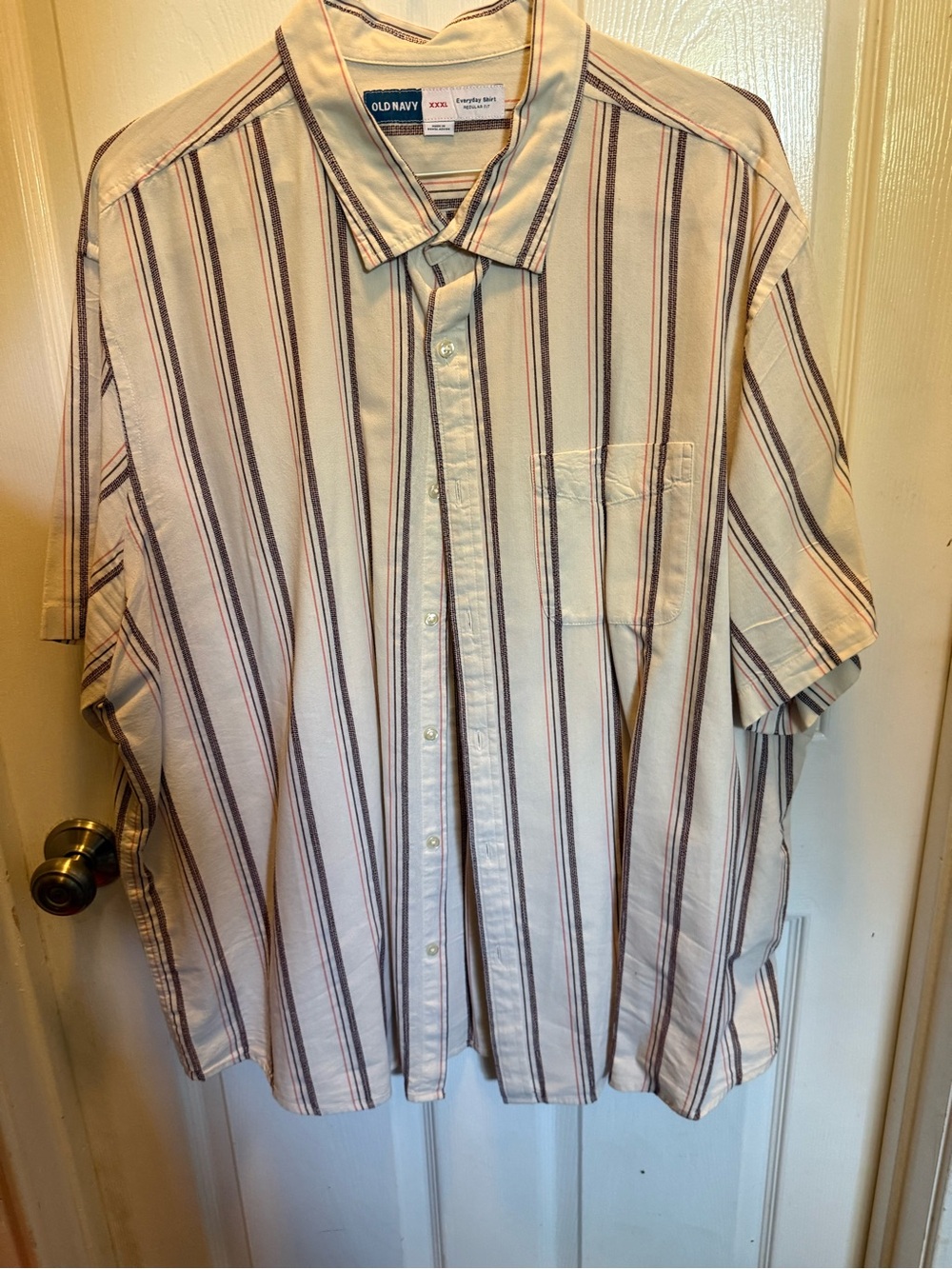 Old Navy Men's Short-Sleeve Button-Down Shirt in Cream with Brown Stripes